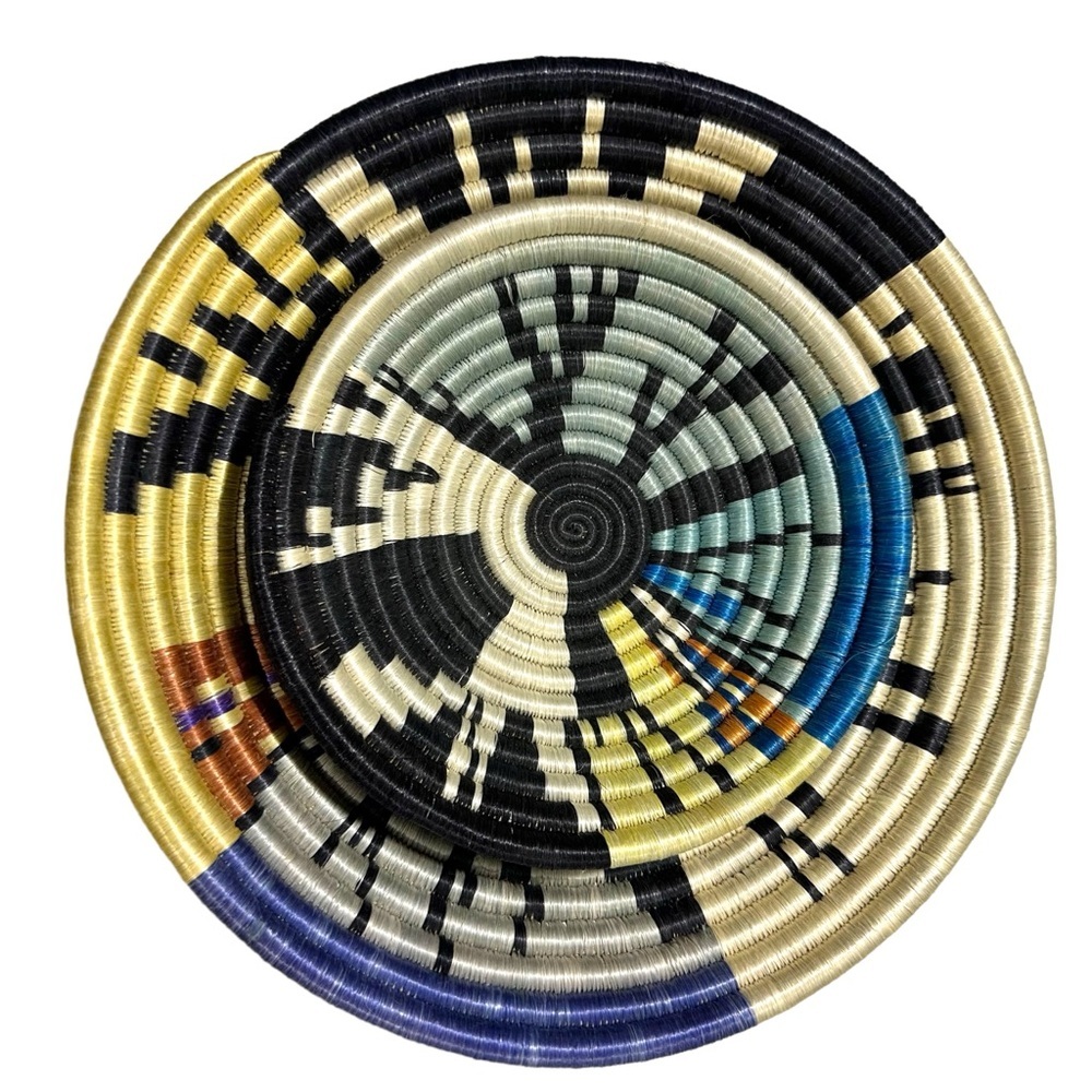 Set of 2 Handmade Rwandan Artist African Vibrant Heavy Fiber Coil Bowls 12” & 8” - Picture 6 of 16